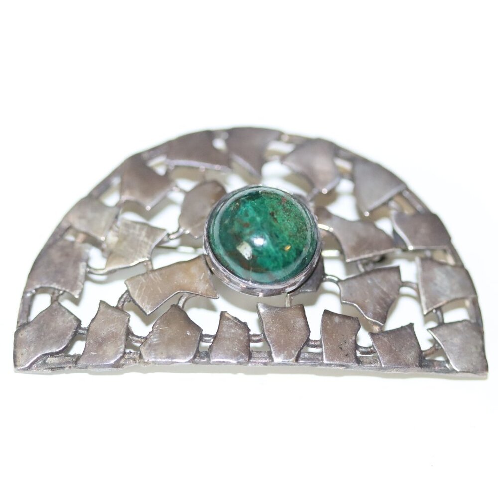 Vintage Sterling Silver Unsigned Modernist Brooch Pin with Center Green Stone